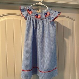 Gingham Smocked Dress with American Flag Embroidery July 4th Red White Blue